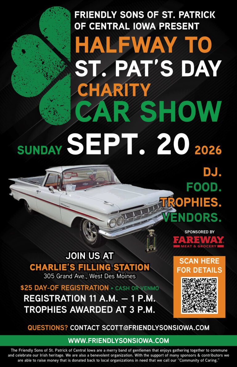 Halfway to St. Pat’s Day Charity Car Show event at Charlie’s Filling Station in West Des Moines, IA on September 20, 2026