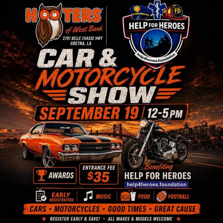 Help for Heroes Car & Motorcycle Show event at Hooters of West Bank in Gretna, LA on September 19, 2026