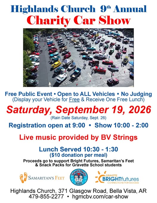 Highlands Church 9th Annual Charity Car Show event at Highlands Church in Bella Vista, AR on September 19, 2026