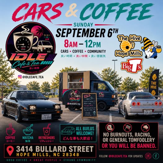 Hope Mills Cars & Coffee event at 3414 Bullard Street in Hope Mills, NC on September 6, 2026