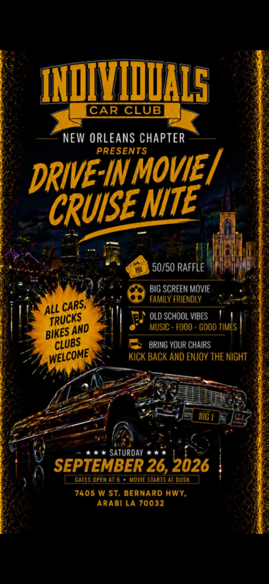 Individuals Car Club Drive-In Movie/Cruise Nite event at 7405 W St. Bernard Hwy in Arabi, LA on September 26, 2026