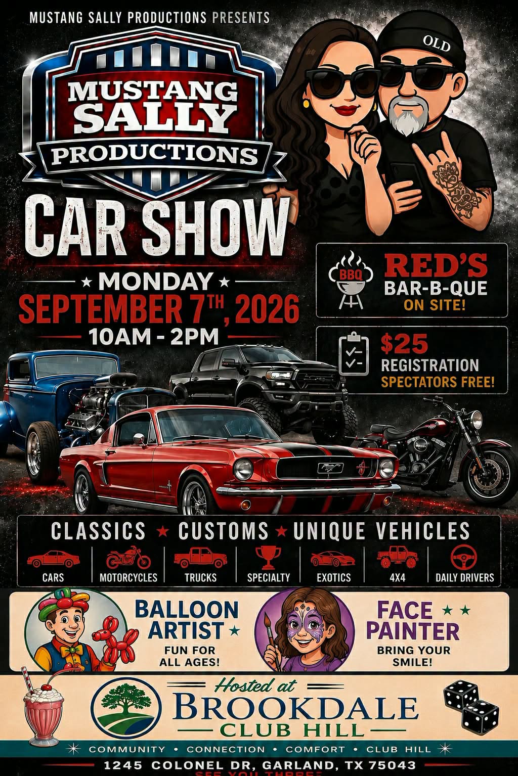 Labor Day Car, Truck and Motorcycle Show Presented by Mustang Sally Productions event at Brookdale Club Hill in Garland, TX on September 7, 2026