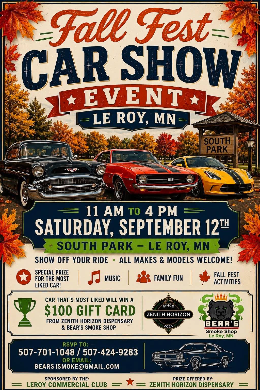 Le Roy Commercial Club Fall Fest Car Show event at South Park in Le Roy, MN on September 12, 2026