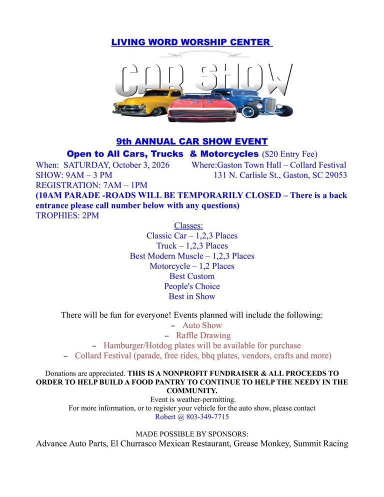 Living Word Worship Center 9th Annual Car Show car show in Gaston, SC