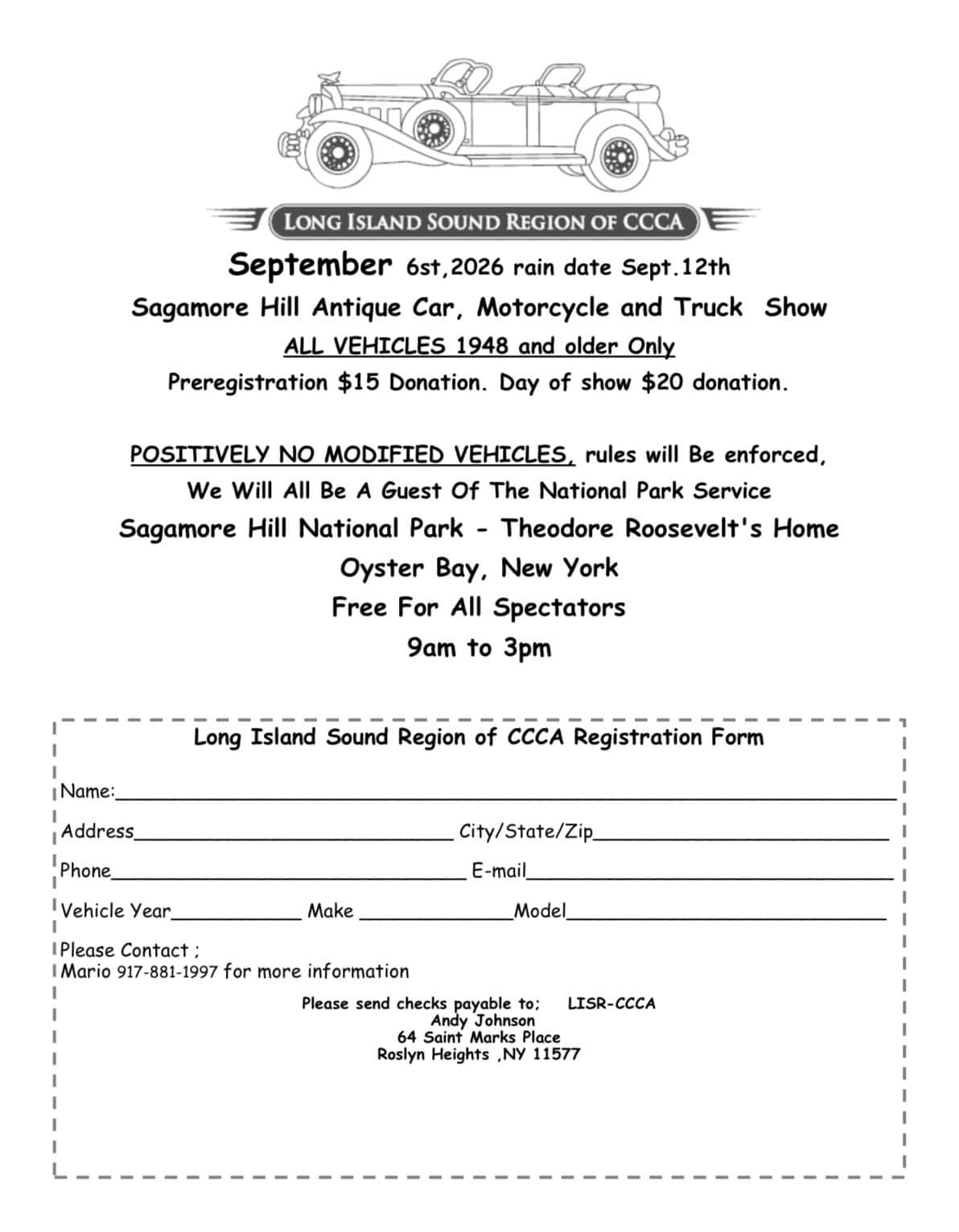 Long Island Sound Region of CCCA Sagamore Hill Antique Car, Motorcycle and Truck Show event at Sagamore Hill National Park in Oyster Bay, NY on September 6, 2026