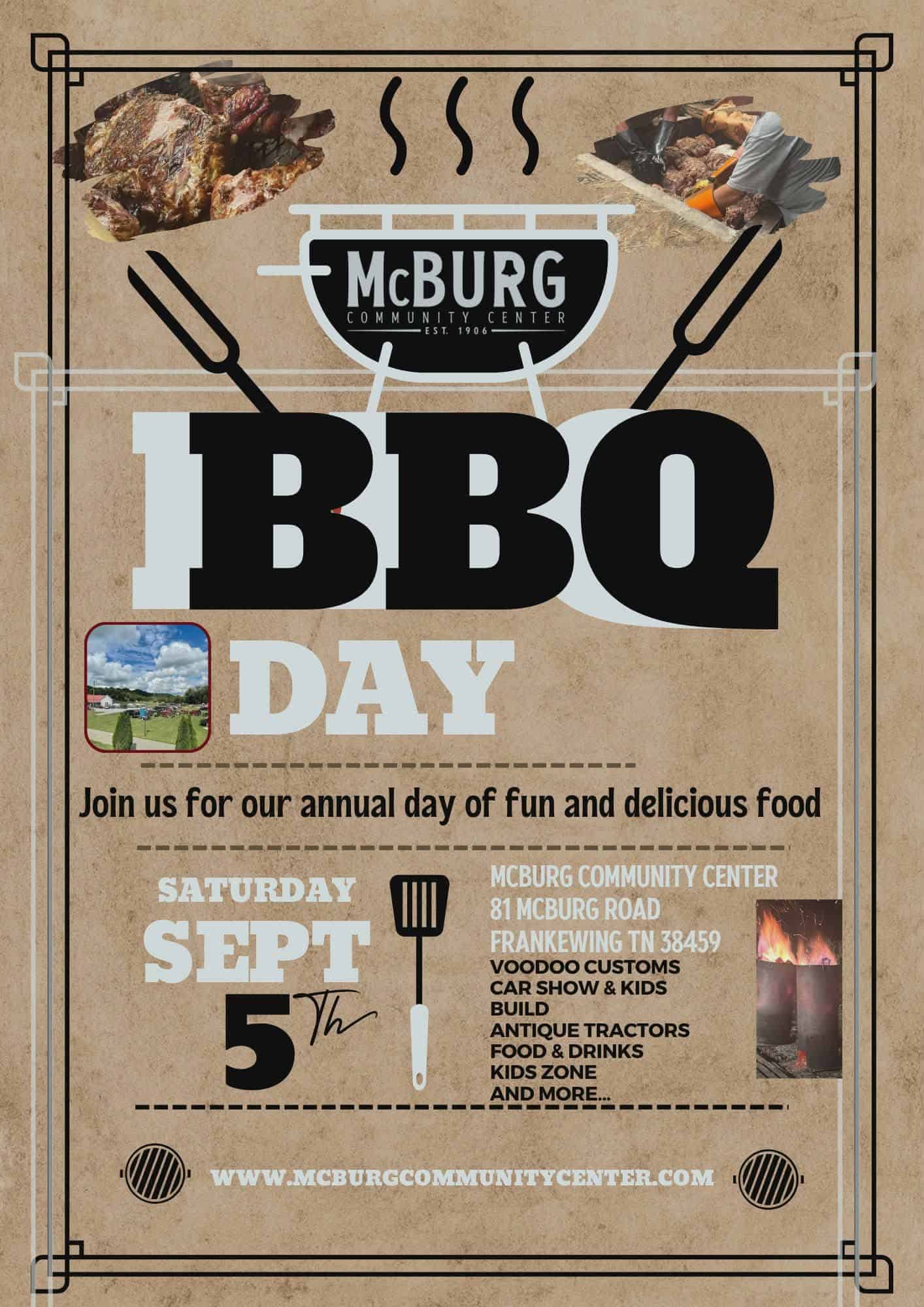 McBurg Annual BBQ Day event at McBurg Community Center in Frankewing, TN on September 5, 2026