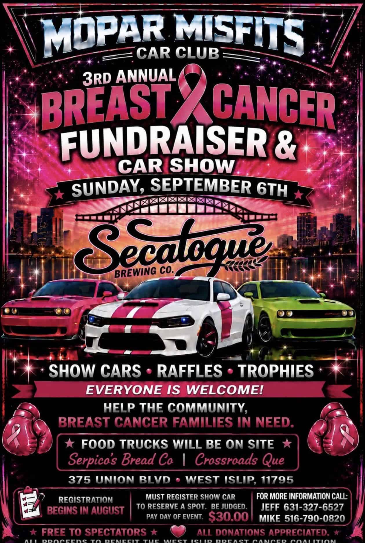 Mopar Misfits Car Club 3rd Annual Breast Cancer Fundraiser & Car Show event at Secalogue Brewing Co in West Islip, NY on September 6, 2026