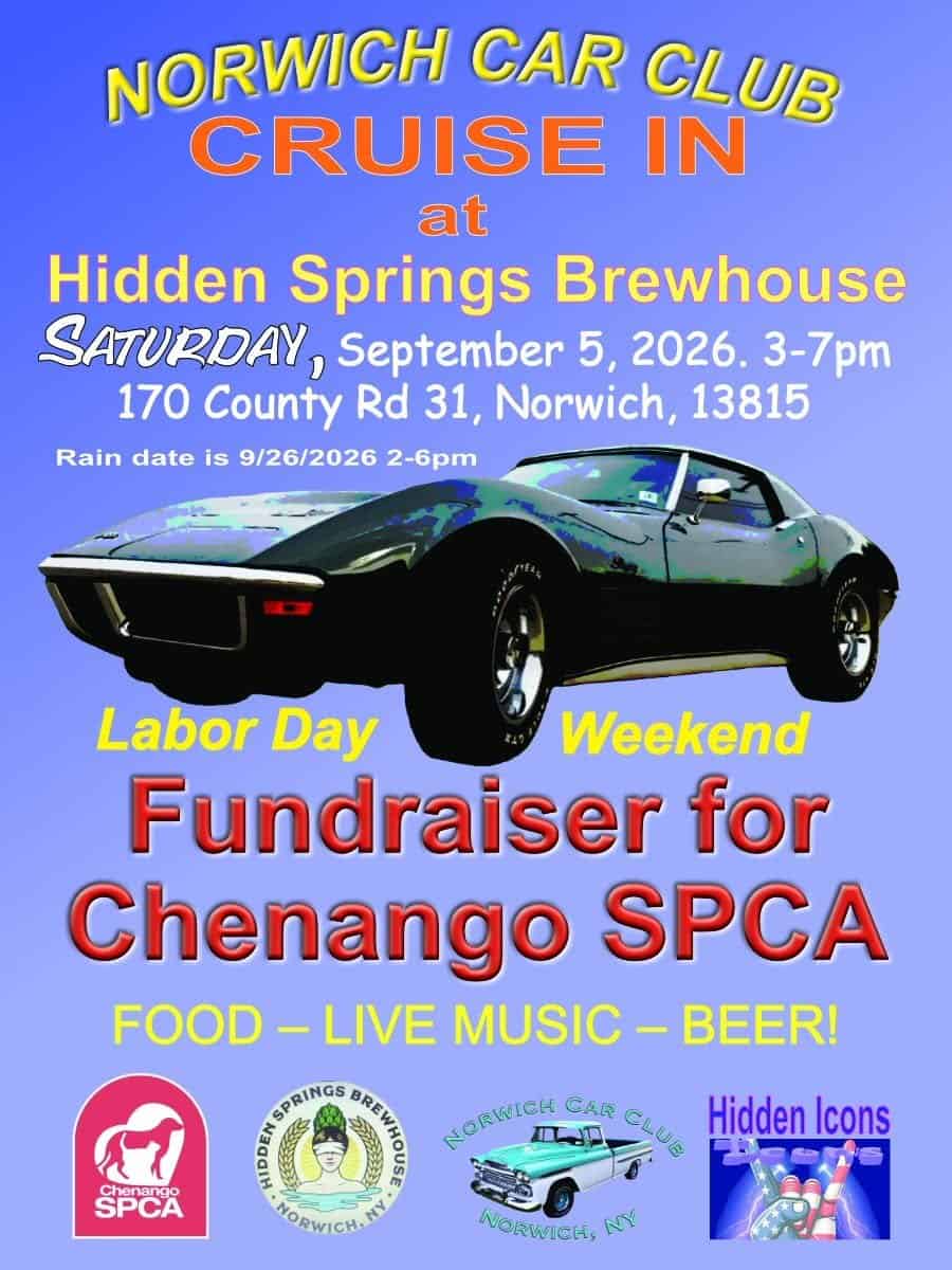 Norwich Car Club Cruise In at Hidden Springs Brewhouse event at Hidden Springs Brewhouse in Norwich, NY on September 5, 2026