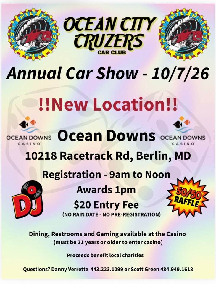 Ocean City Cruzers Car Club Annual Car Show event at Ocean Downs in Berlin, MD on October 7, 2026