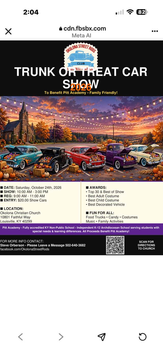 Okolona Street Rods Trunk or Treat Car Show 2026 event at Okolona Christian Church in Louisville, KY on October 24, 2026