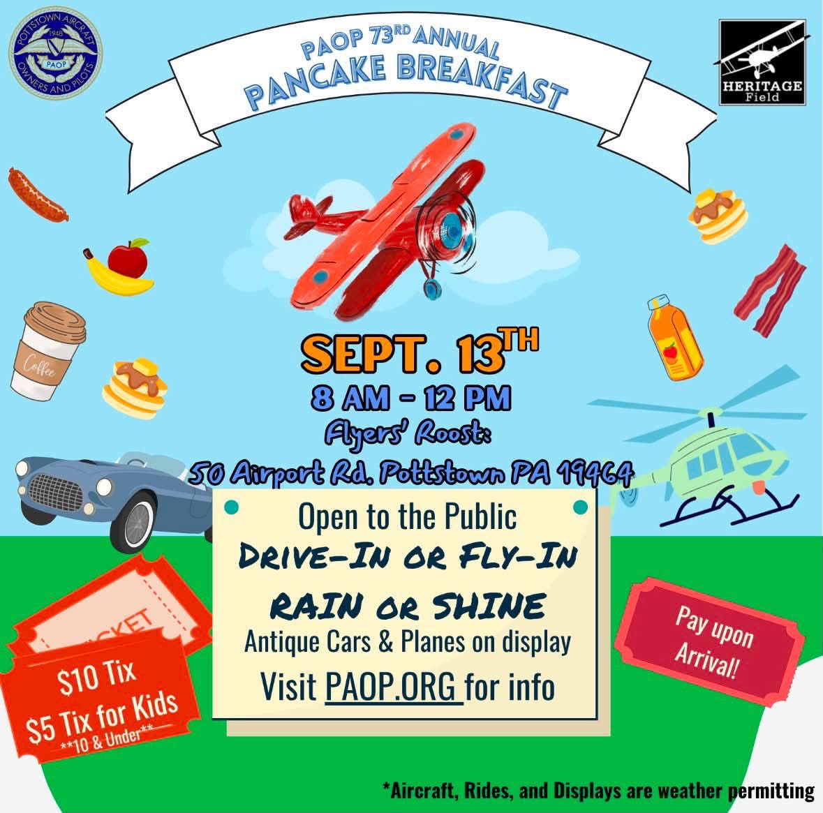 PAOP 73rd Annual Pancake Breakfast event at Flyers' Roost in Pottstown, PA on September 13, 2026