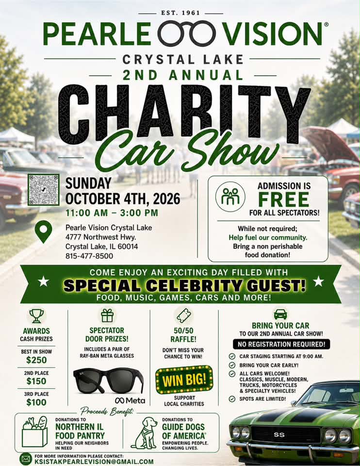 Pearle Vision Crystal Lake 2nd Annual Charity Car Show event at Pearle Vision Crystal Lake in Crystal Lake, IL on October 4, 2026