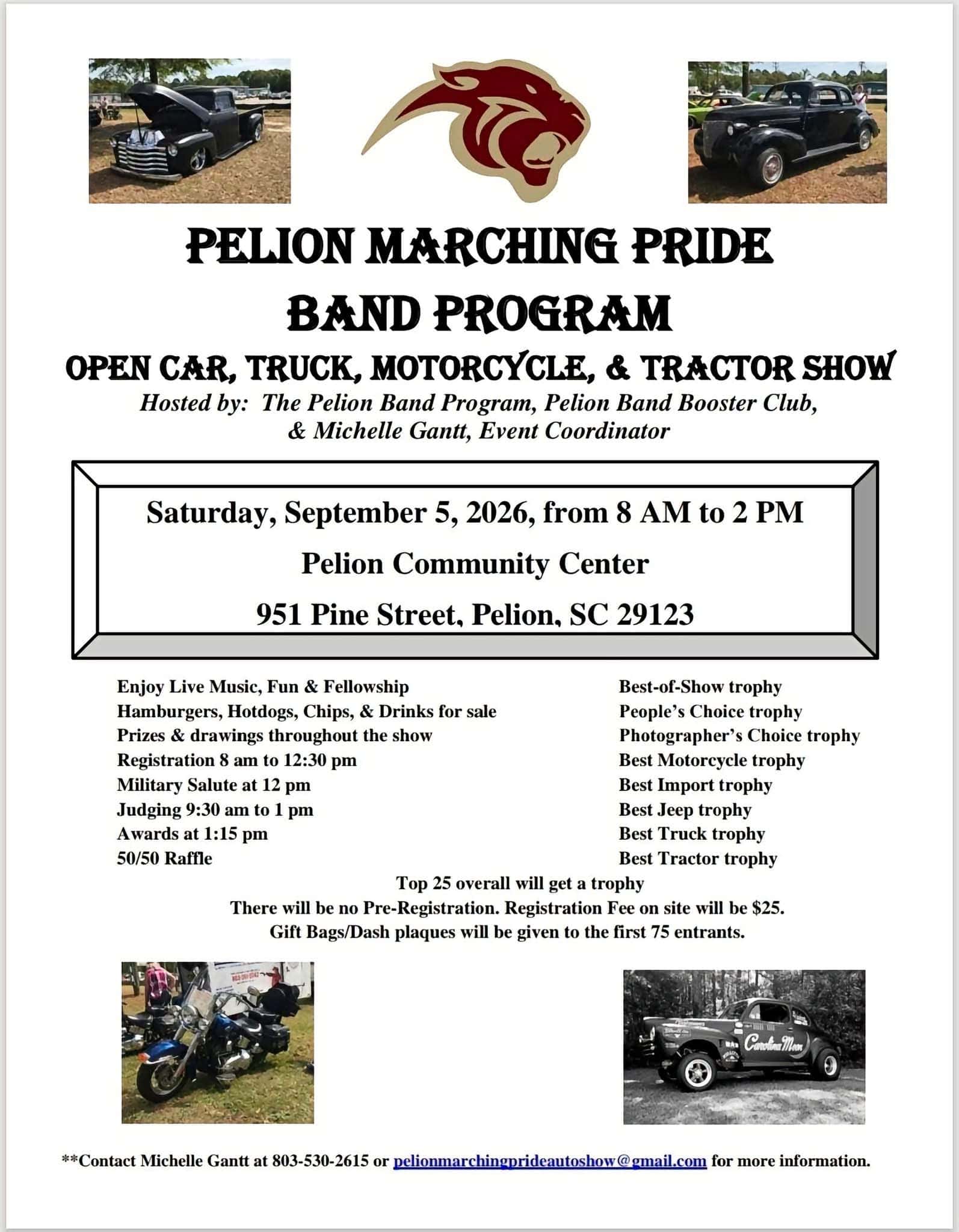 Pelion Marching Pride Band Program Open Car, Truck, Motorcycle, & Tractor Show event at Pelion Community Center in Pelion, SC on September 5, 2026