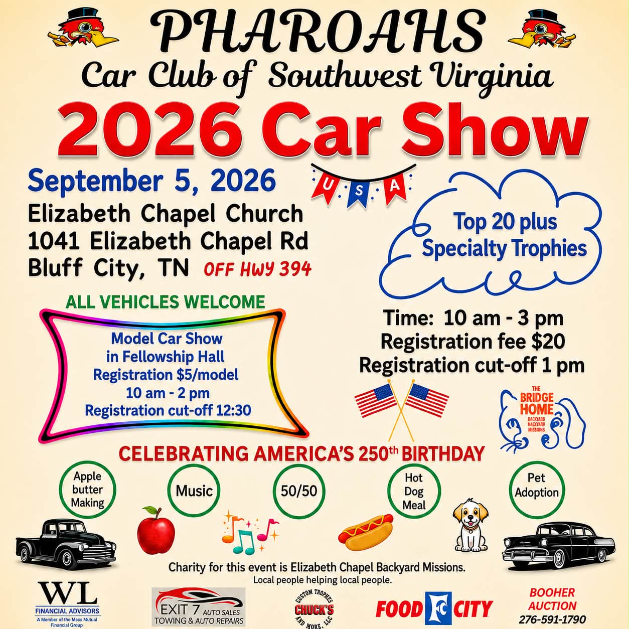 Pharoahs Car Club of Southwest Virginia Car Show event at Elizabeth Chapel Church in Bluff City, TN on September 5, 2026