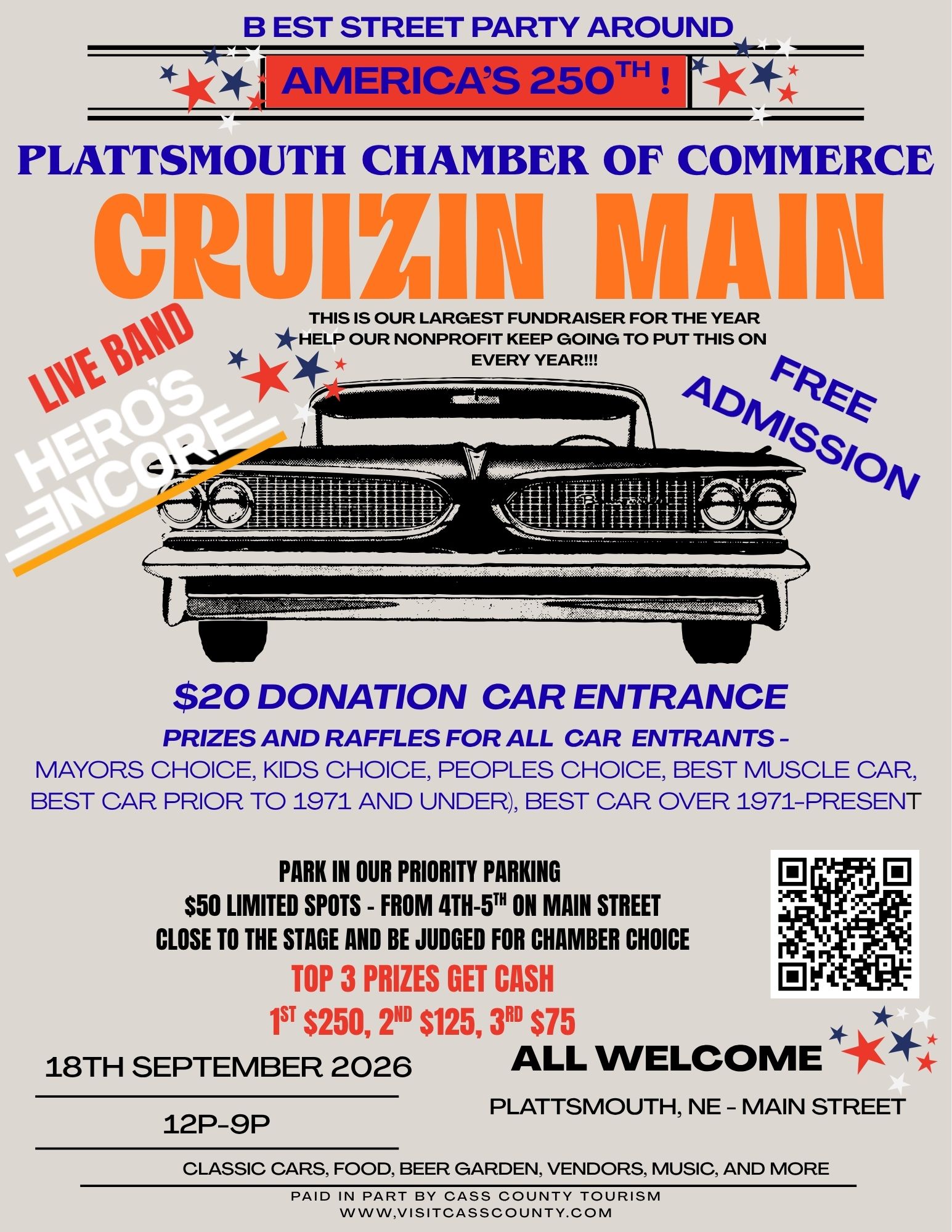 Plattsmouth Chamber of Commerce Cruizin Main event at Main Street in Plattsmouth, NE on September 18, 2026