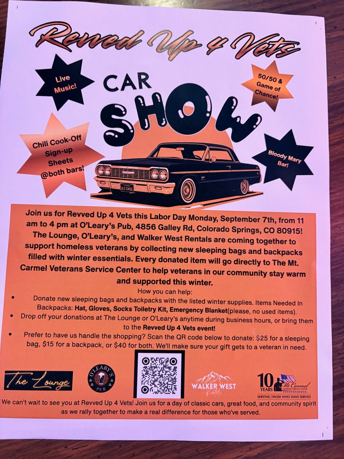 Revved up 4 Vets Car Show event at O'Leary's Pub in Colorado Springs, CO on September 7, 2026