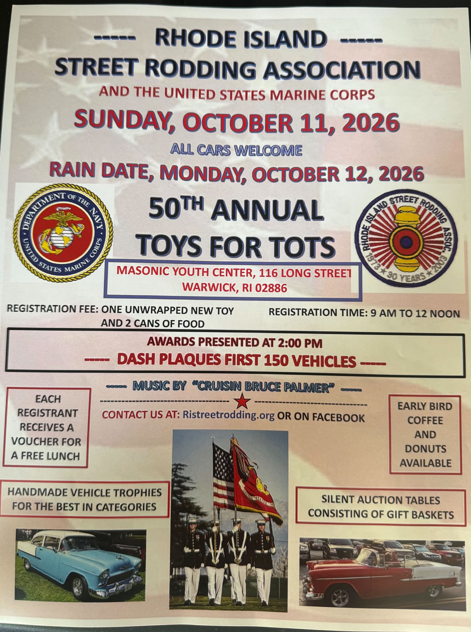 Rhode Island Street Rodding Association 50th Annual Toys for Tots event at Masonic Youth Center in Warwick, RI on October 11, 2026