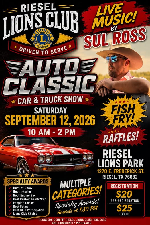 Riesel Lions Club Auto Classic Car & Truck Show event at Riesel Lions Park in Riesel, TX on September 12, 2026