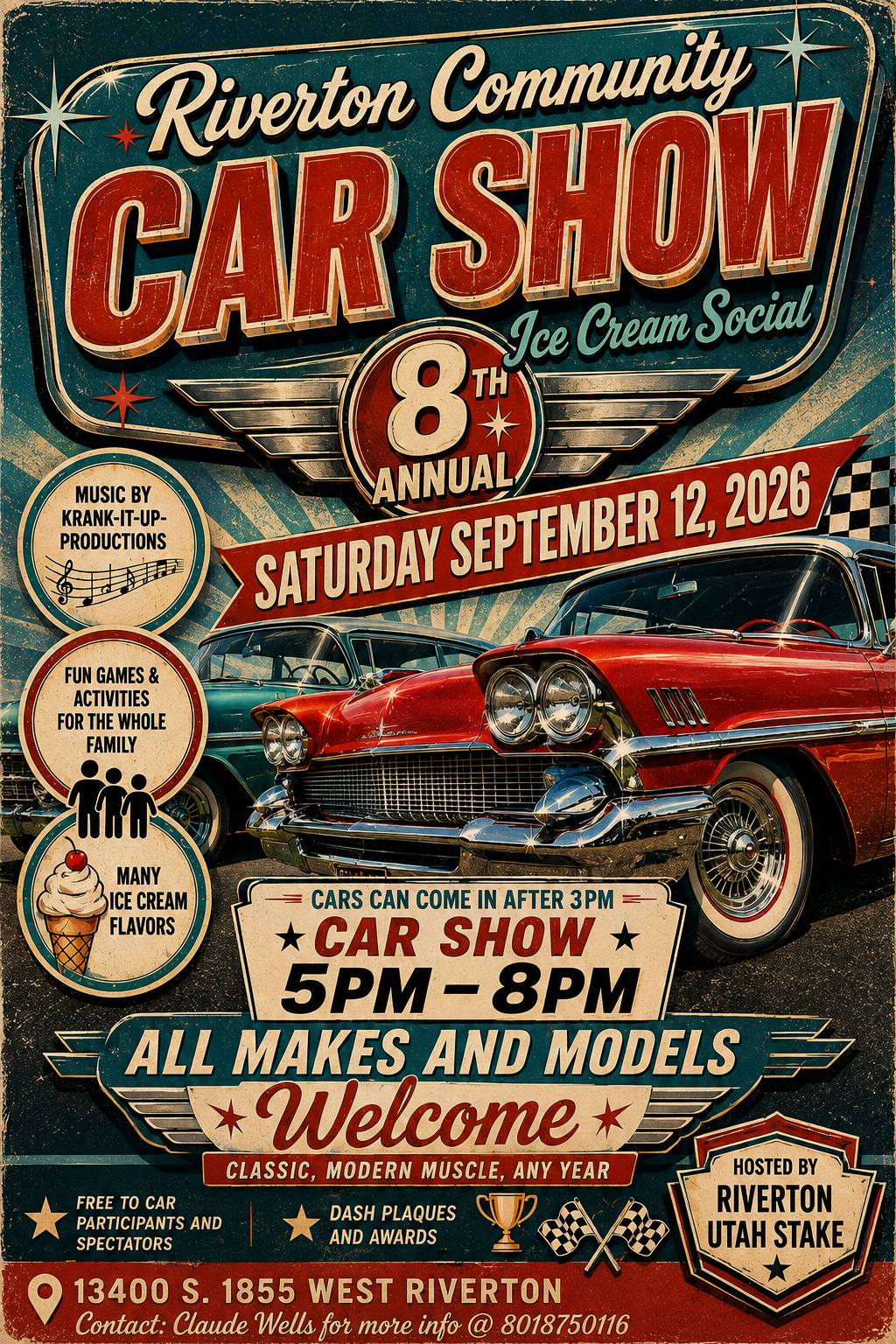 Riverton Utah Stake 8th Annual Car Show event at 13400 S. 1855 West in Riverton, UT on September 12, 2026