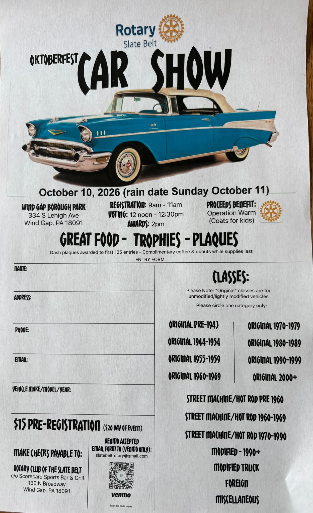 Rotary Club of the Slate Belt Oktoberfest Car Show event at Wind Gap Borough Park in Wind Gap, PA on October 10, 2026