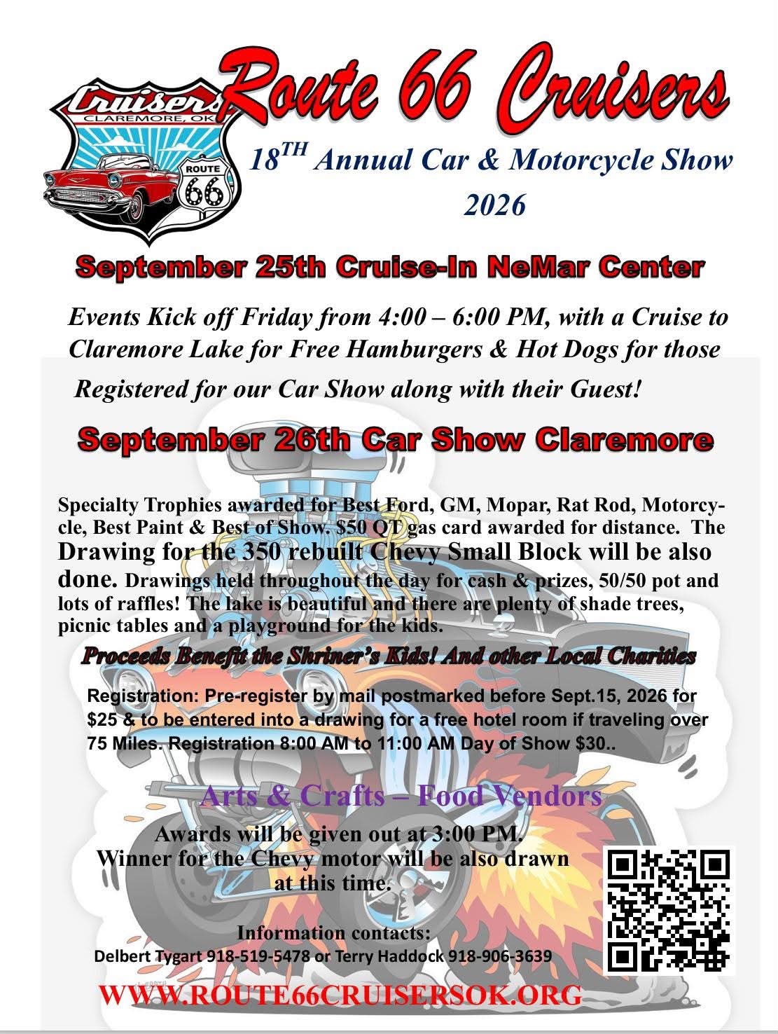 Route 66 Cruisers 18th Annual Car & Motorcycle Show event at NoMar Center in Claremore, OK on September 25, 2026