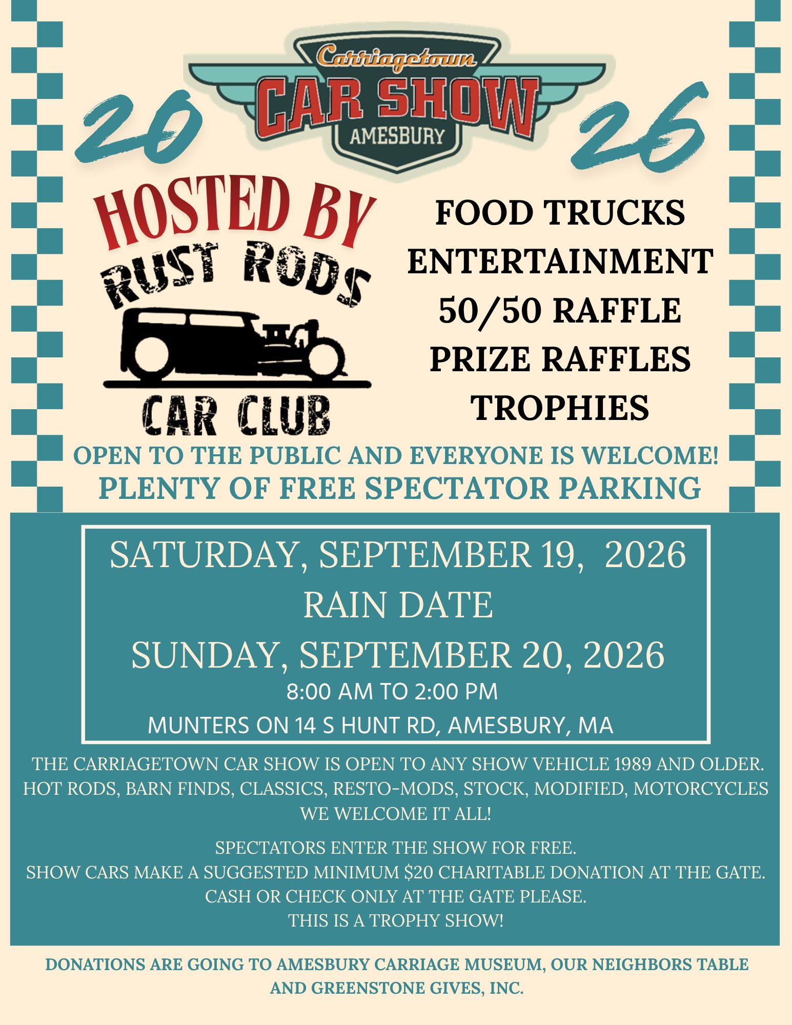 Rust Rods Car Club Carriagetown Car Show event at Munters in Amesbury, MA on September 19, 2026
