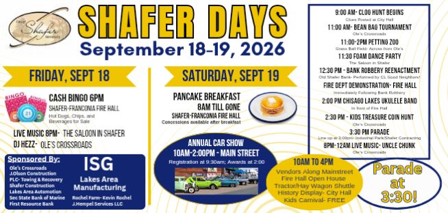 Shafer Days 2026 event at City of Shafer in Shafer, MN on September 18, 2026
