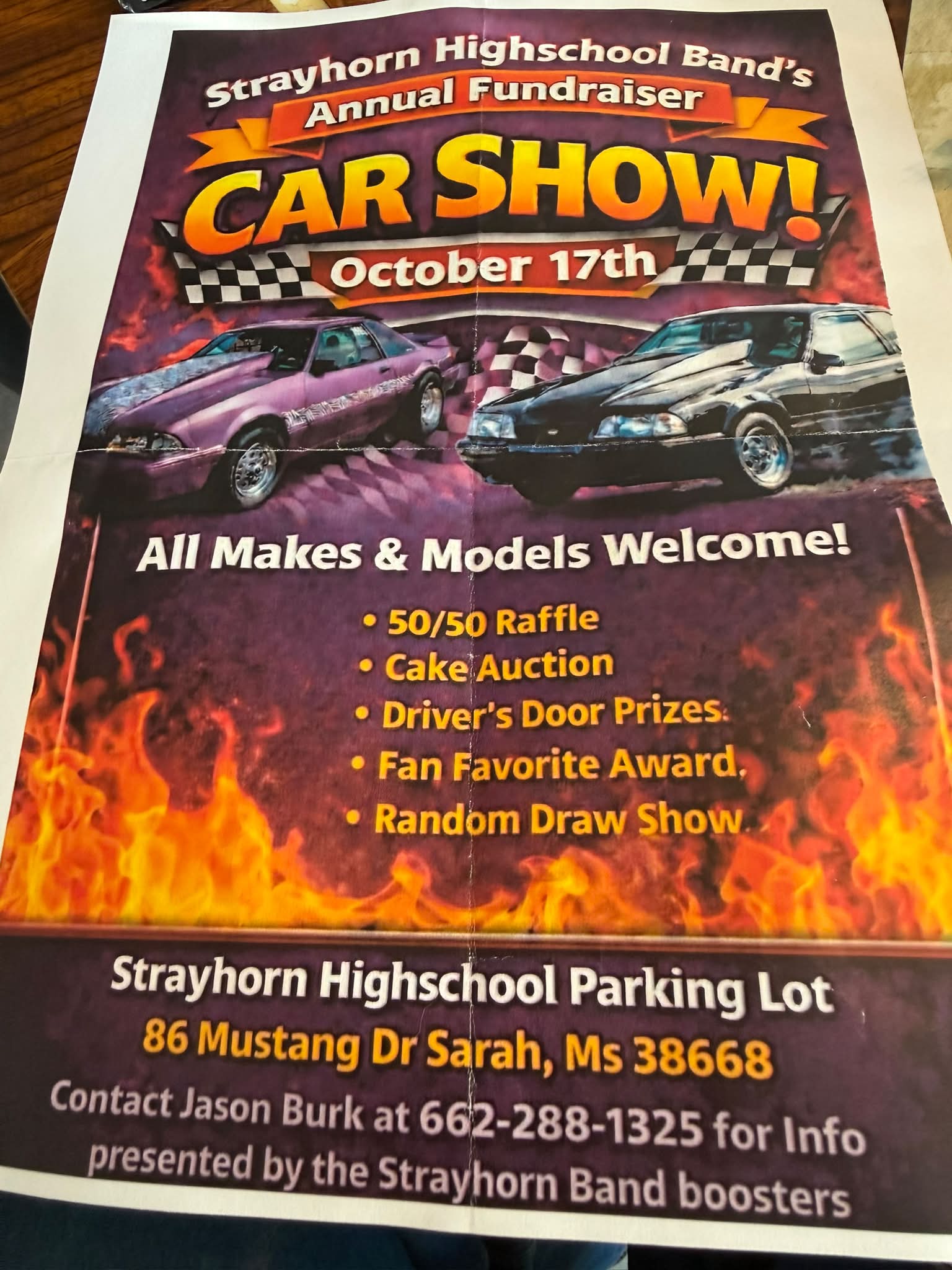 Strayhorn Highschool Band's Annual Fundraiser Car Show event at Strayhorn Highschool Parking Lot in Sarah, MS on October 17, 2026
