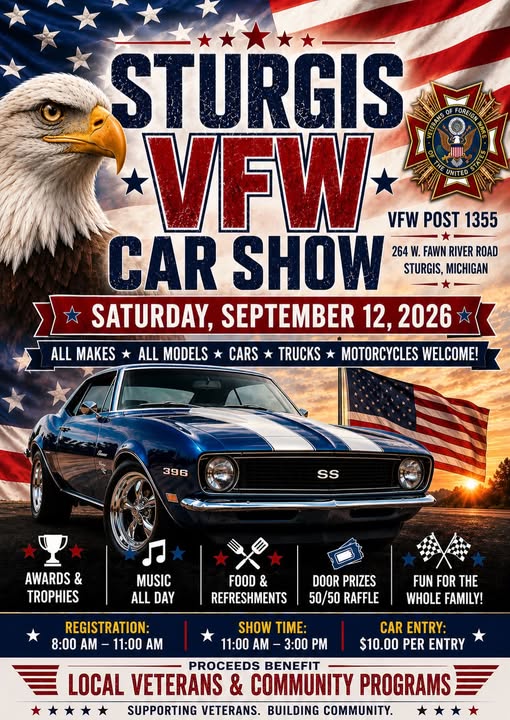 Sturgis VFW Car Show event at VFW Post 1355 in Sturgis, MI on September 12, 2026
