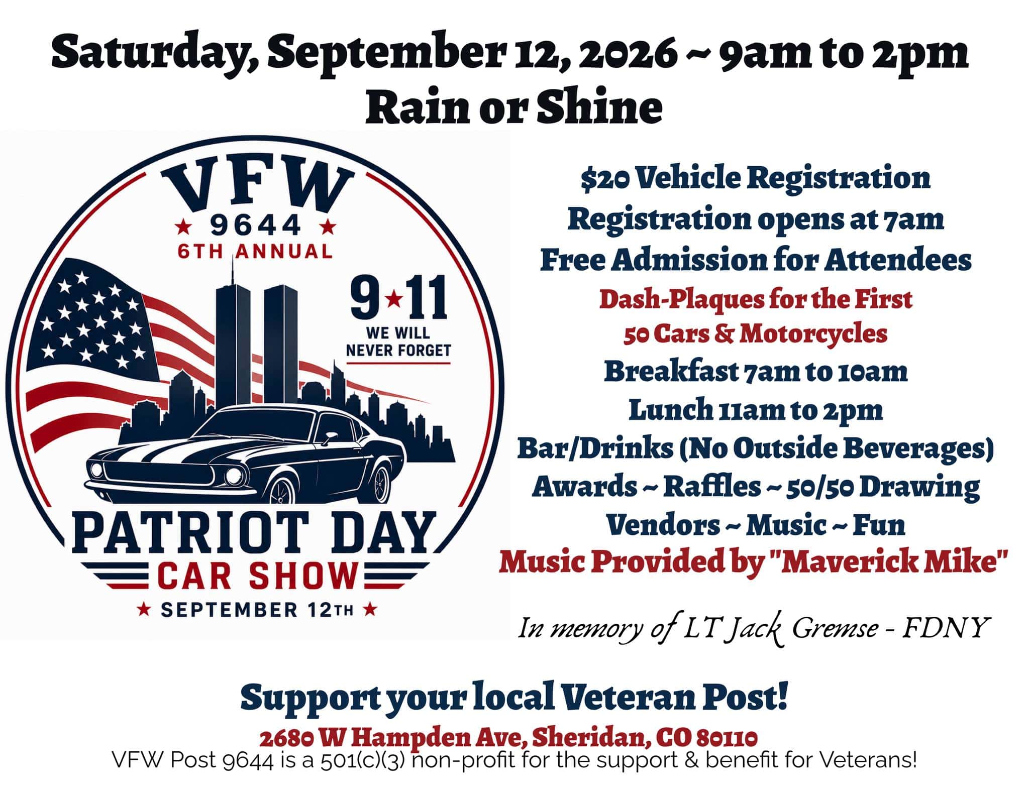 VFW 9644 - 6th Annual Patriot Day Car Show event at VFW Post 9644 in Sheridan, CO on September 12, 2026