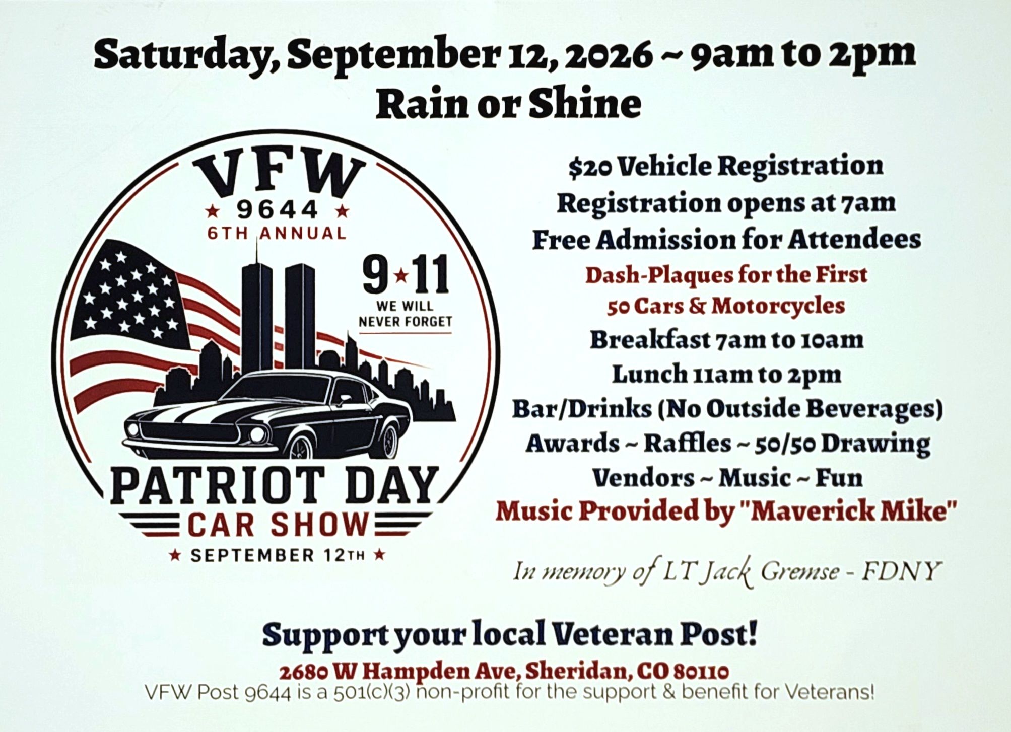 VFW Post 9644 Patriot Day Car Show event at VFW Post 9644 in Sheridan, CO on September 12, 2026