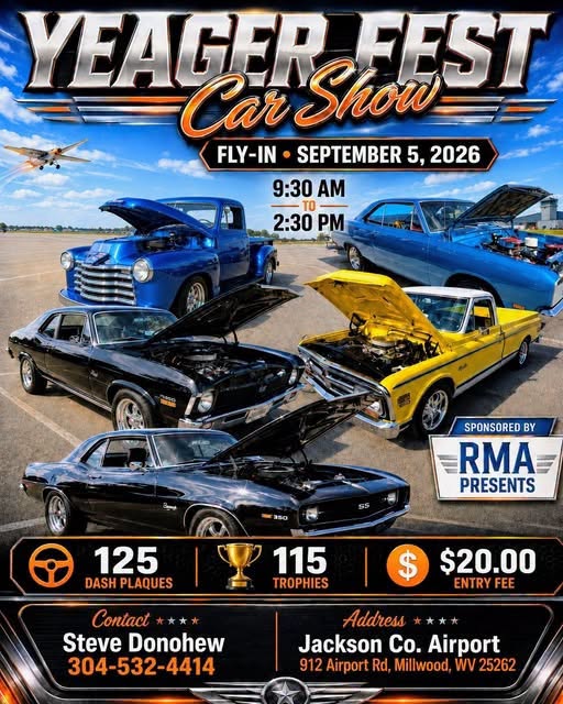 Yeager Fest Car Show event at Jackson County Airport in Millwood, WV on September 5, 2026