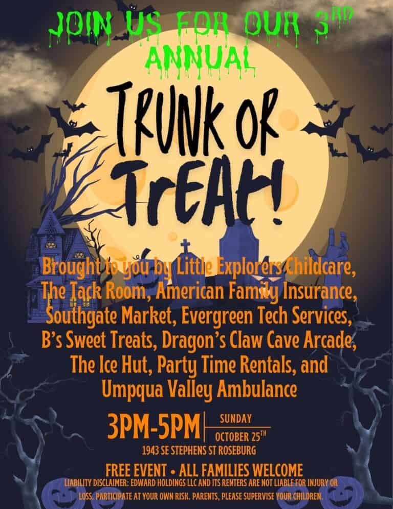 3rd Annual Little Explorers Childcare Trunk or Treat car show in Roseburg, OR
