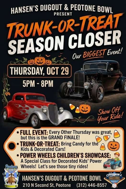 Trunk-Or-Treat Season Closer At Hansen’s Dugout & Peotone Bowl car show in Peotone, IL