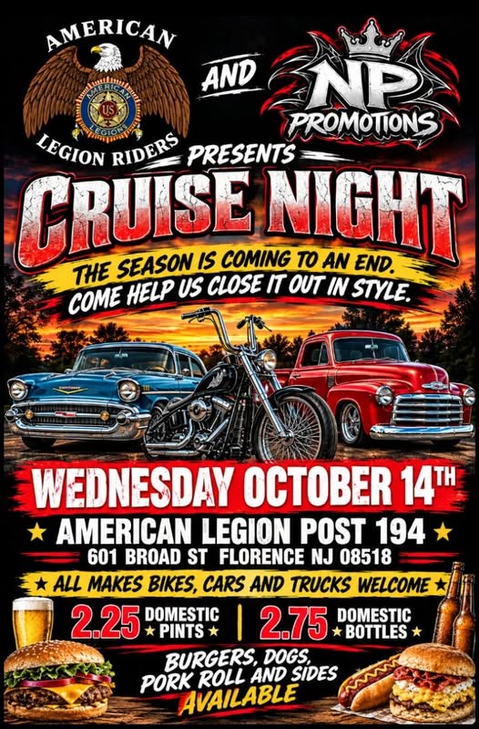 American Legion Riders and NP Promotions Cruise Night car show in Florence, NJ
