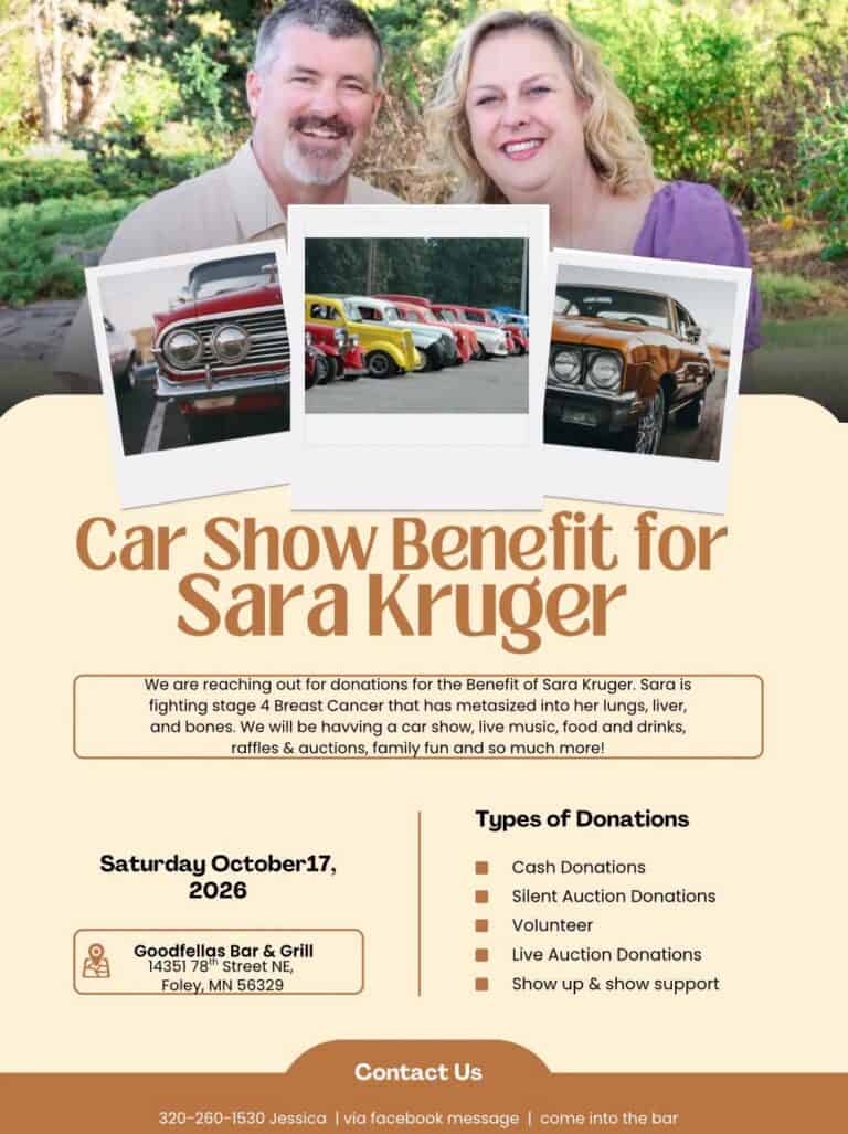 Car Show Benefit for Sara Kruger car show in Foley, MN