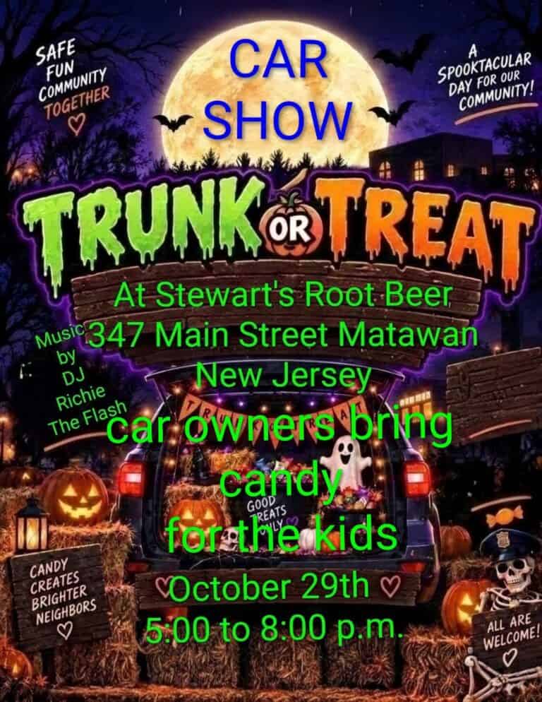 Car Show Trunk Or Treat At Stewart’s Root Beer car show in Matawan, NJ