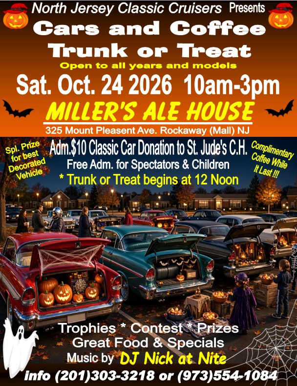 Cars And Coffee Trunk Or Treat event at Miller's Ale House in Rockaway, NJ