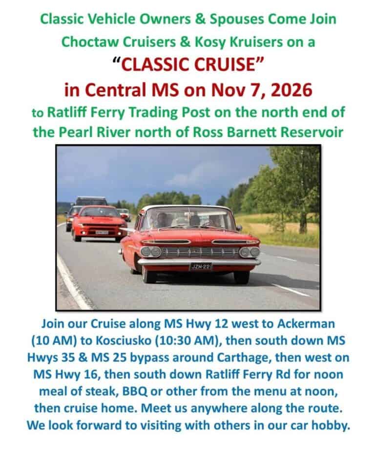 Classic Cruise By Choctaw Cruisers & Kosy Kruisers car show in Canton, MS