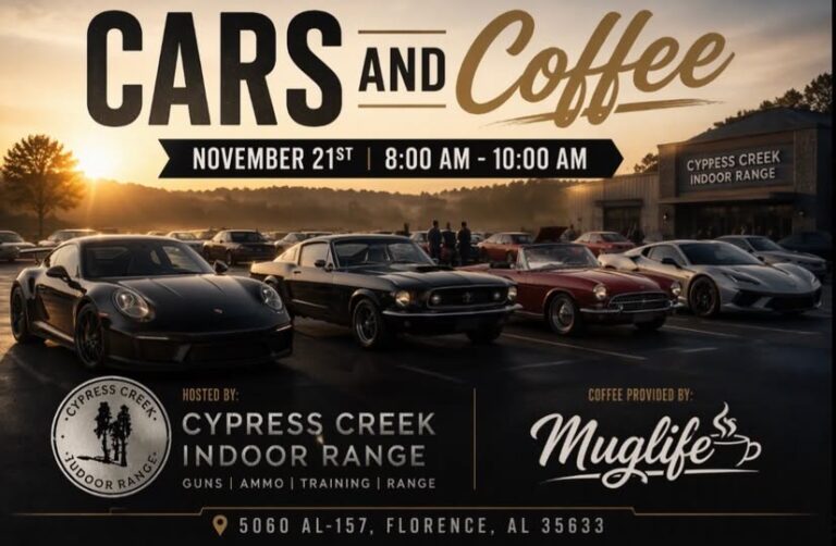 Cypress Creek Indoor Range Cars and Coffee car show in Florence, AL