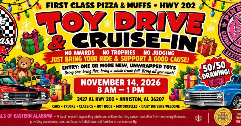 First Class Pizza & Muffs Toy Drive & Cruise-In car show in Anniston, AL
