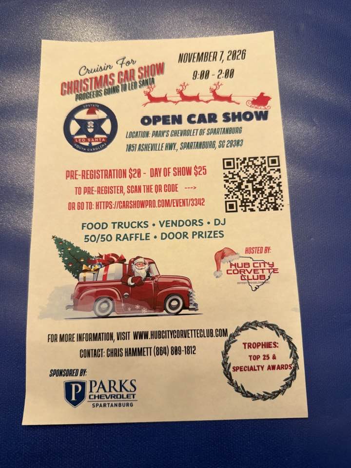 Hub City Corvette Club Cruisin’ for Christmas Car Show car show in Spartanburg, SC