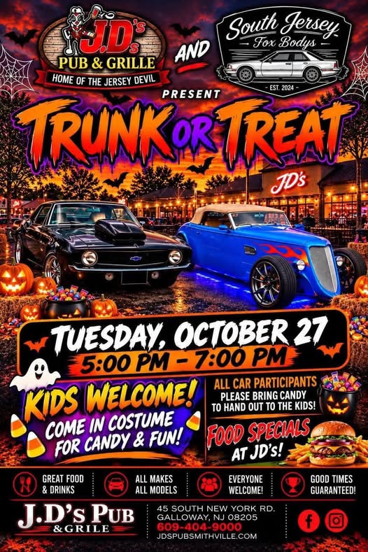 J.D's Pub & Grille Trunk or Treat event at J.D's Pub & Grille in Galloway, NJ on October 27, 2026