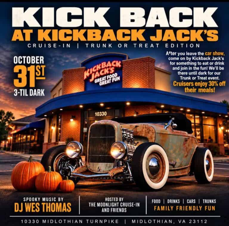 Kick Back At Kickback Jack’s Cruise-In Trunk Or Treat Edition car show in Midlothian, VA