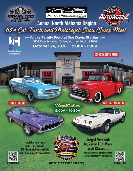 North Alabama Region 63rd Annual Car, Truck, and Motorcycle Show / Swap Meet event at Wicks Family Field at Joe Davis Stadium in Huntsville, AL on October 24, 2026