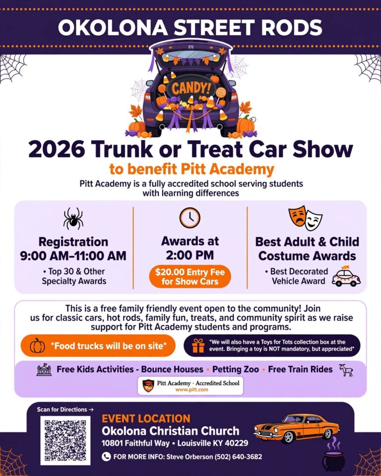 Okolona Street Rods Trunk or Treat Car Show to Benefit Pitt Academy event at Okolona Christian Church in Louisville, KY