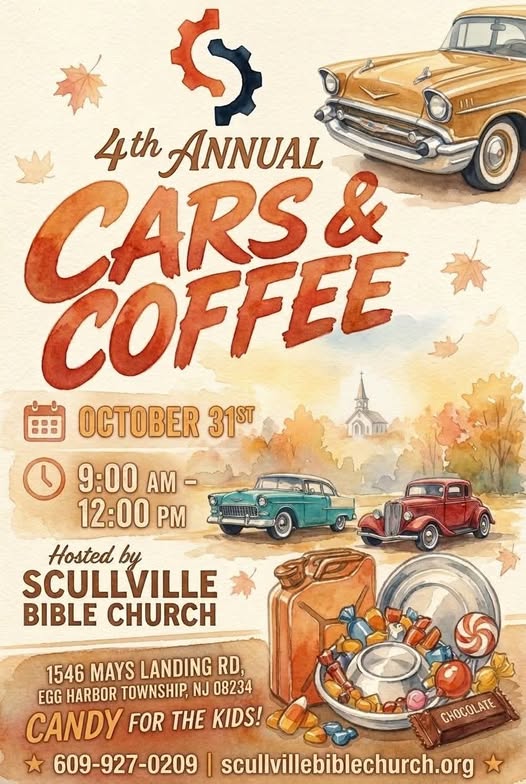 Scullville Bible Church 4th Annual Cars & Coffee car show in Egg Harbor Township, NJ