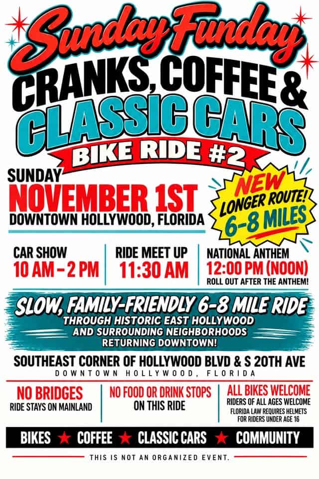 Sunday Funday Cranks, Coffee & Classic Cars Bike Ride #2 car show in Hollywood, FL