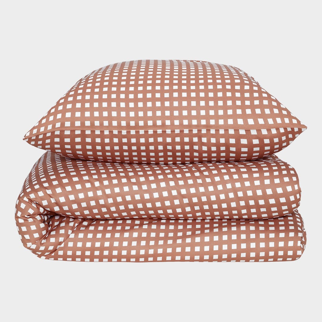 Bambus sengetøj hvid/orange ternet 140×220