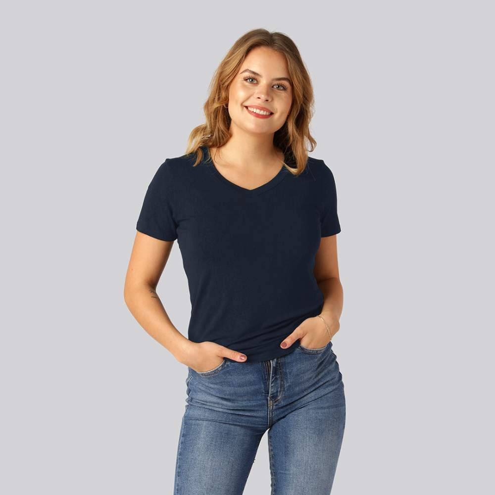 Bambus t-shirt v-hals i navy til damer Bambus t-shirt v-hals i navy til damer